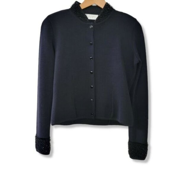 Dana Buchman wool Cardigan Sweater SZ Small black collar and sleeve Beading - Picture 1 of 12